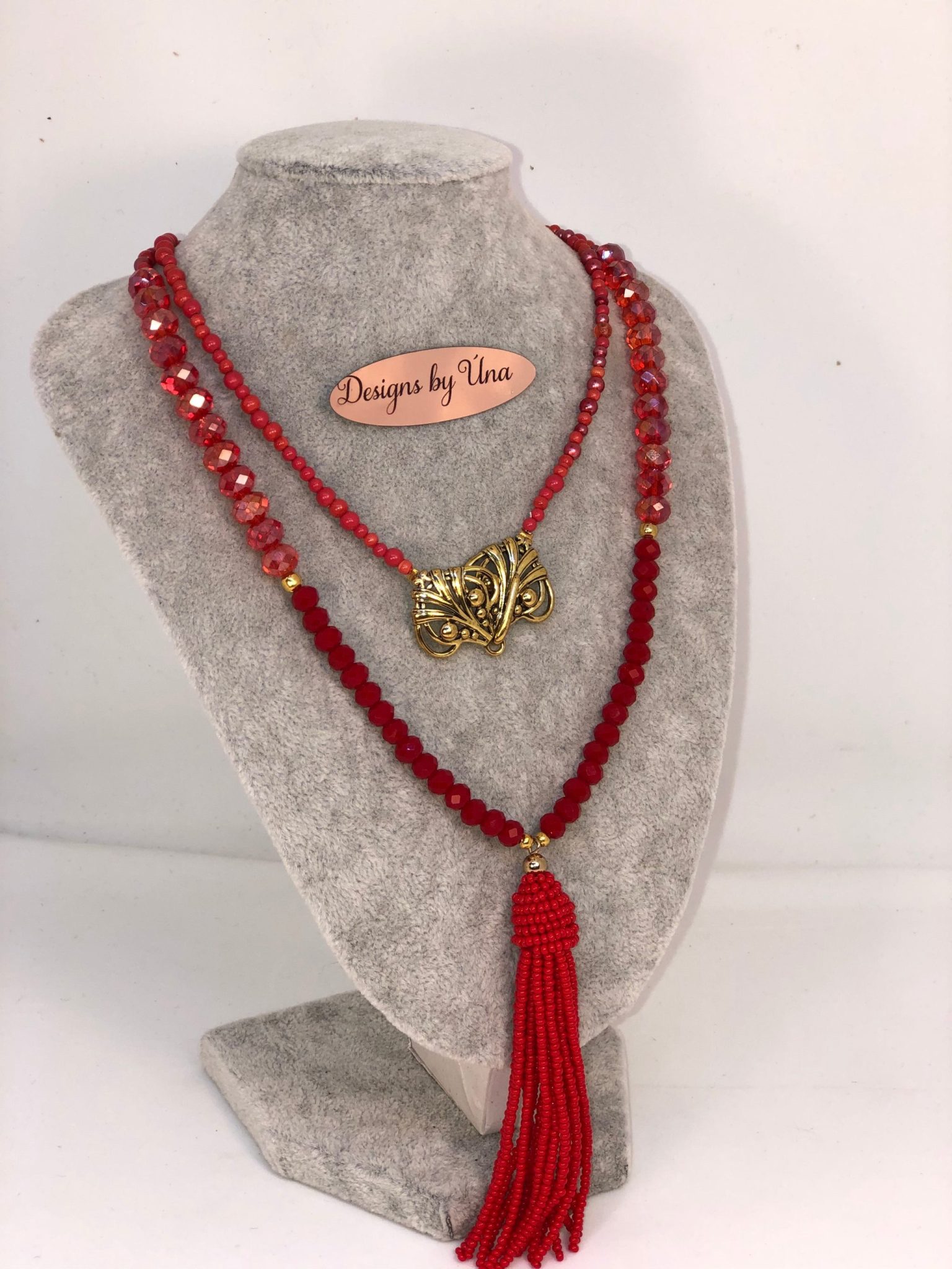 Red Crystal Tassel Necklace Hand Made Unique one of a kind