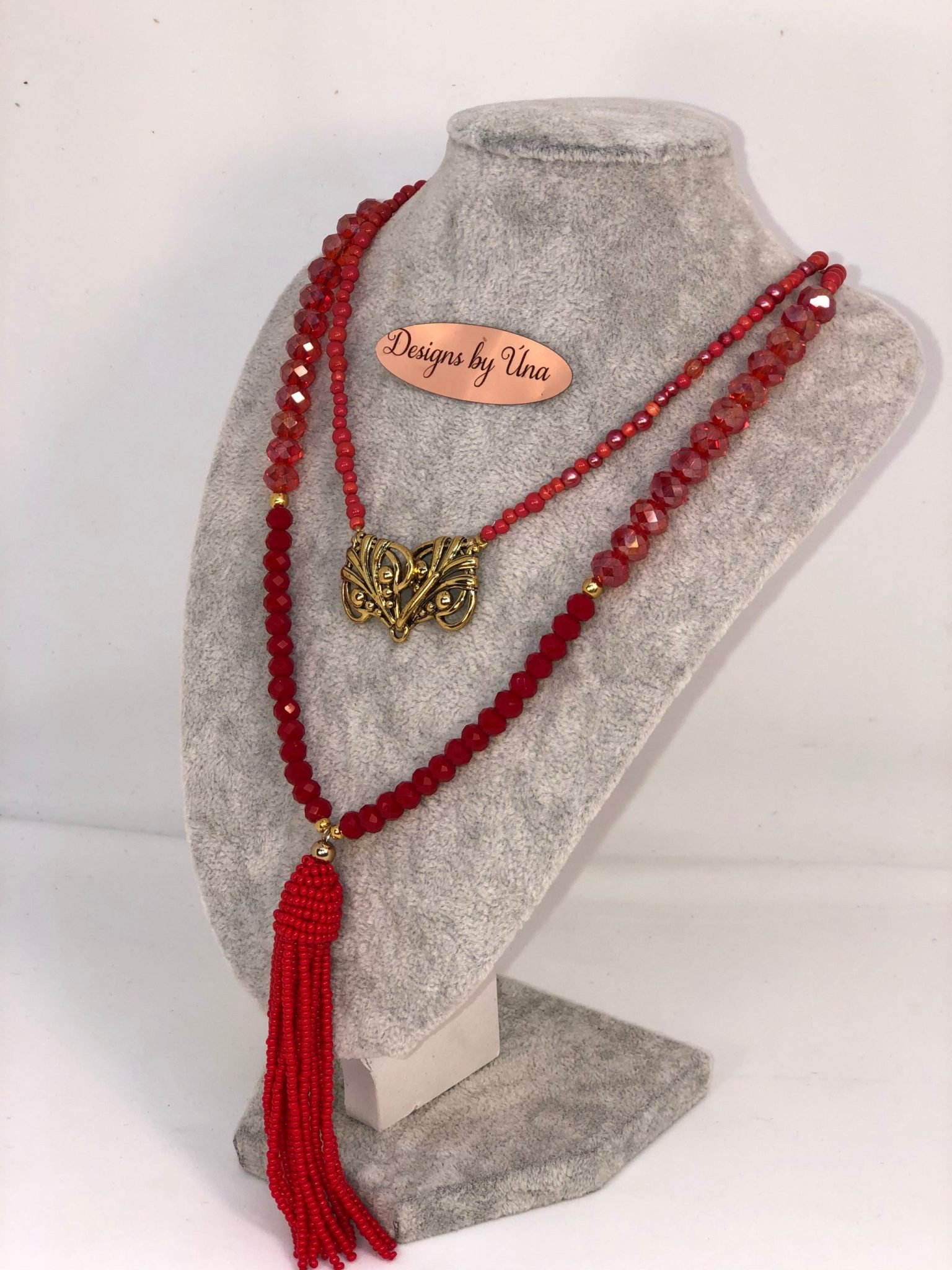 Red Crystal Tassel Necklace Hand Made Unique one of a kind - Image 2