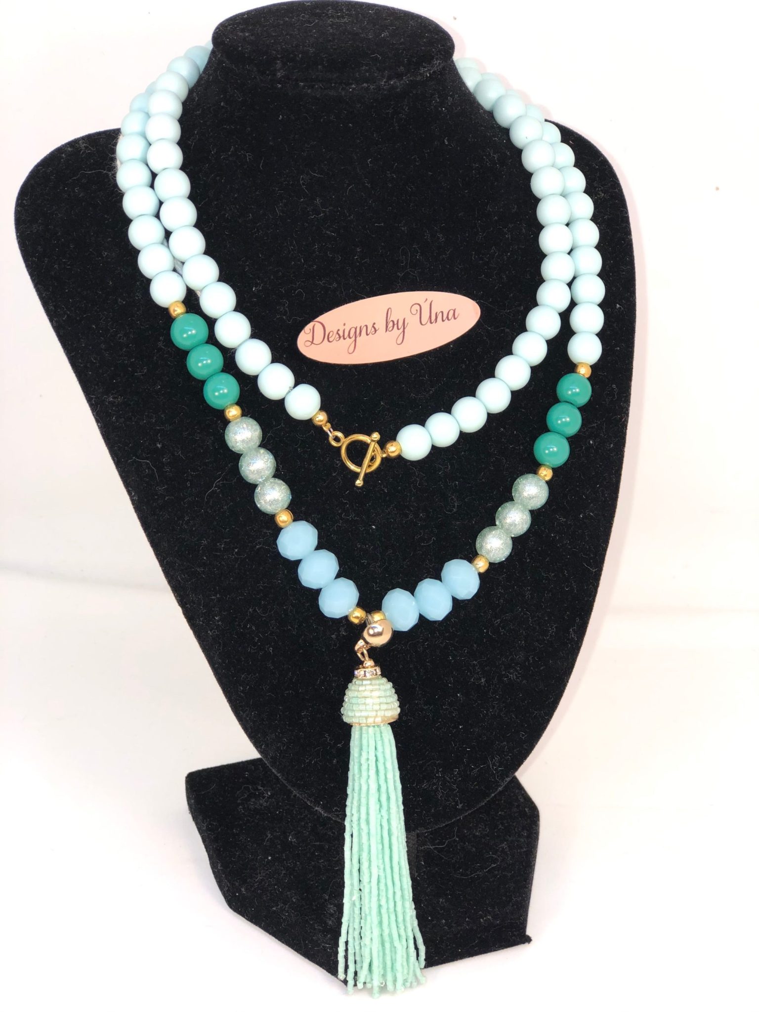 Long Aqua Pearl Tassel Necklace.