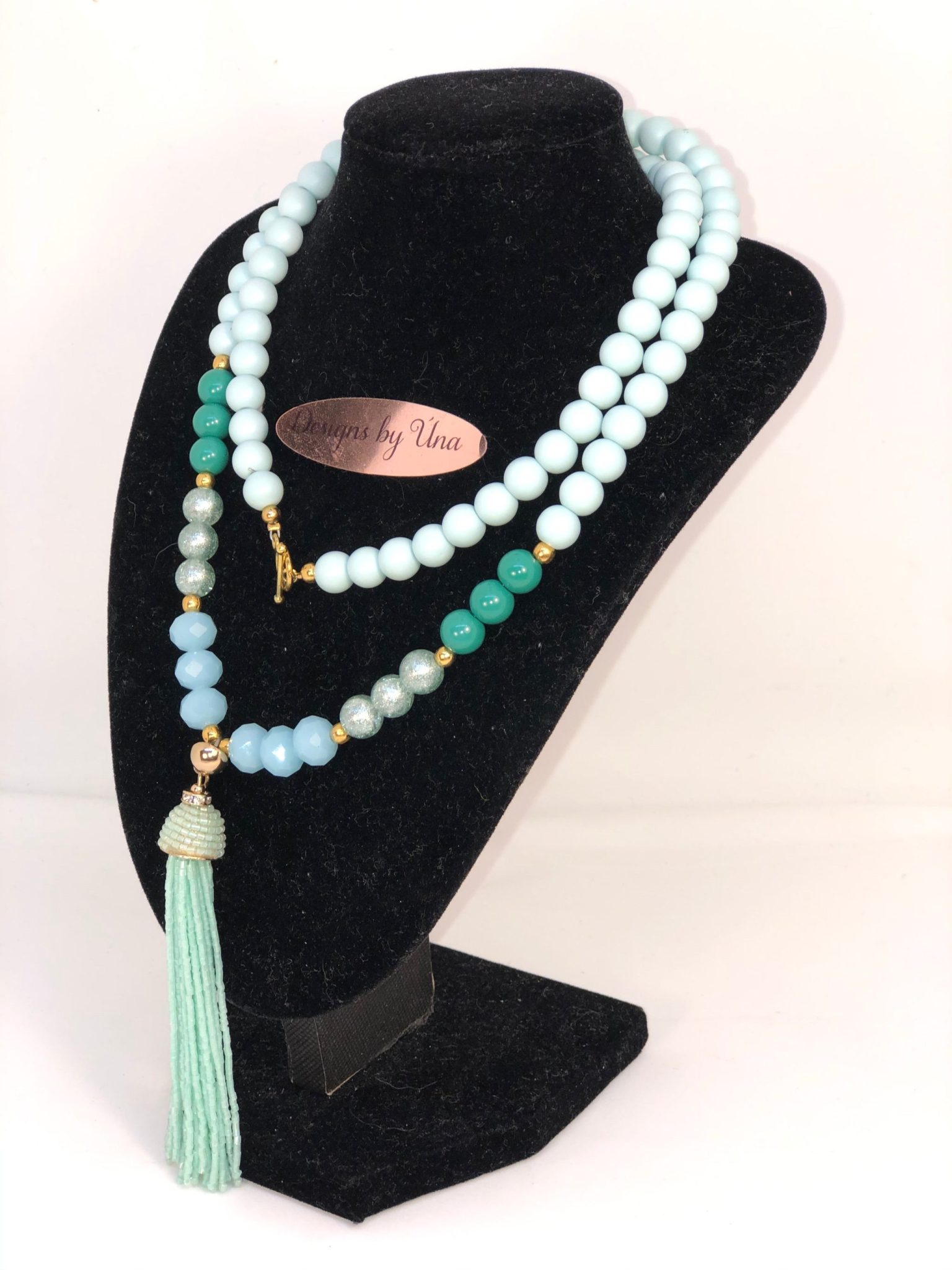 Long Aqua Pearl Tassel Necklace. - Image 2