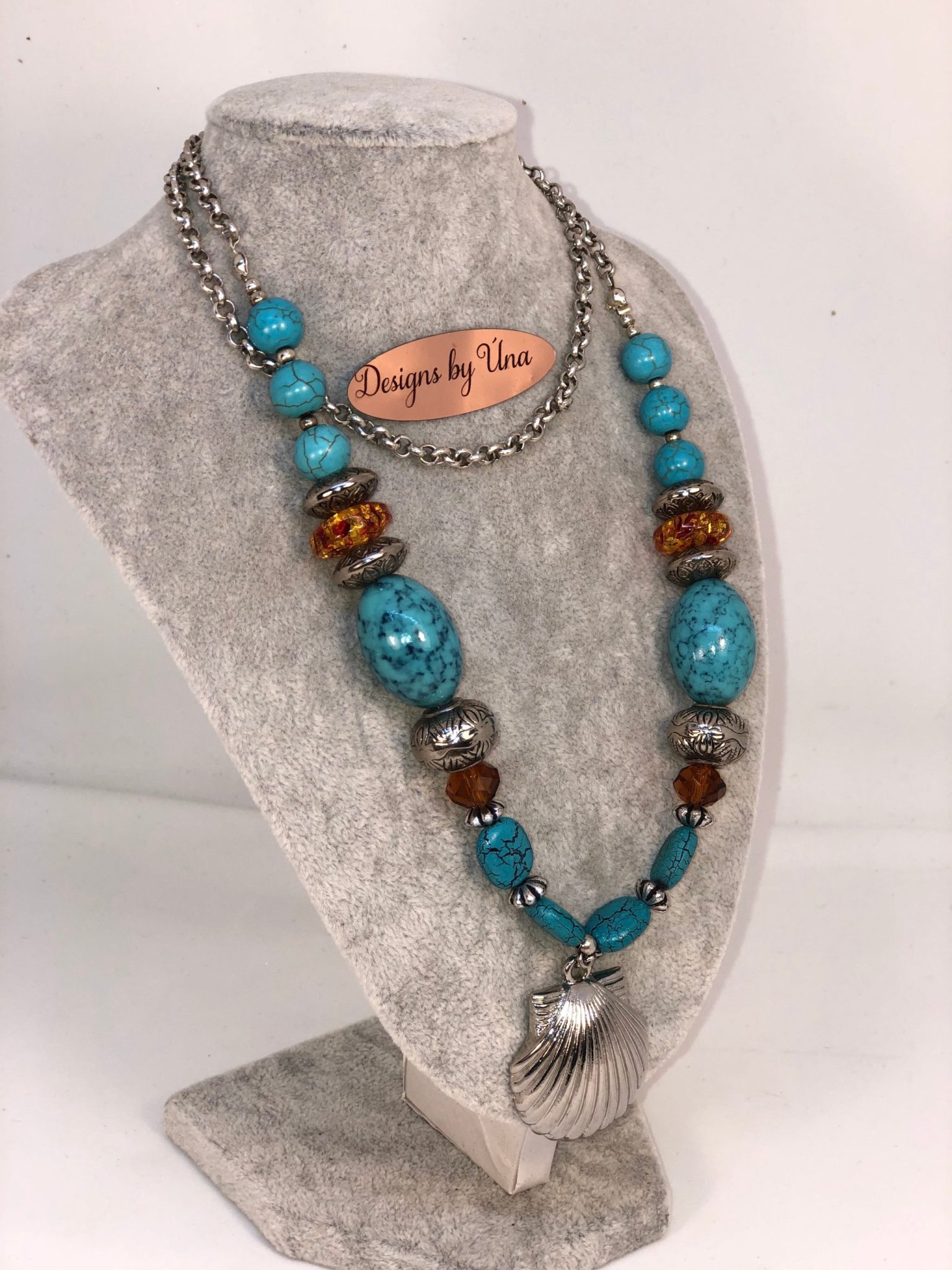 Turquoise and Amber Silver Shell Necklace