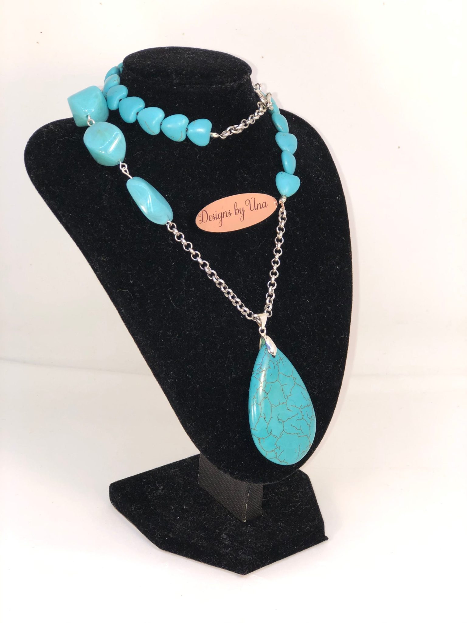 Turquoise and Silver Howlite Pendant Necklace Natural Stone