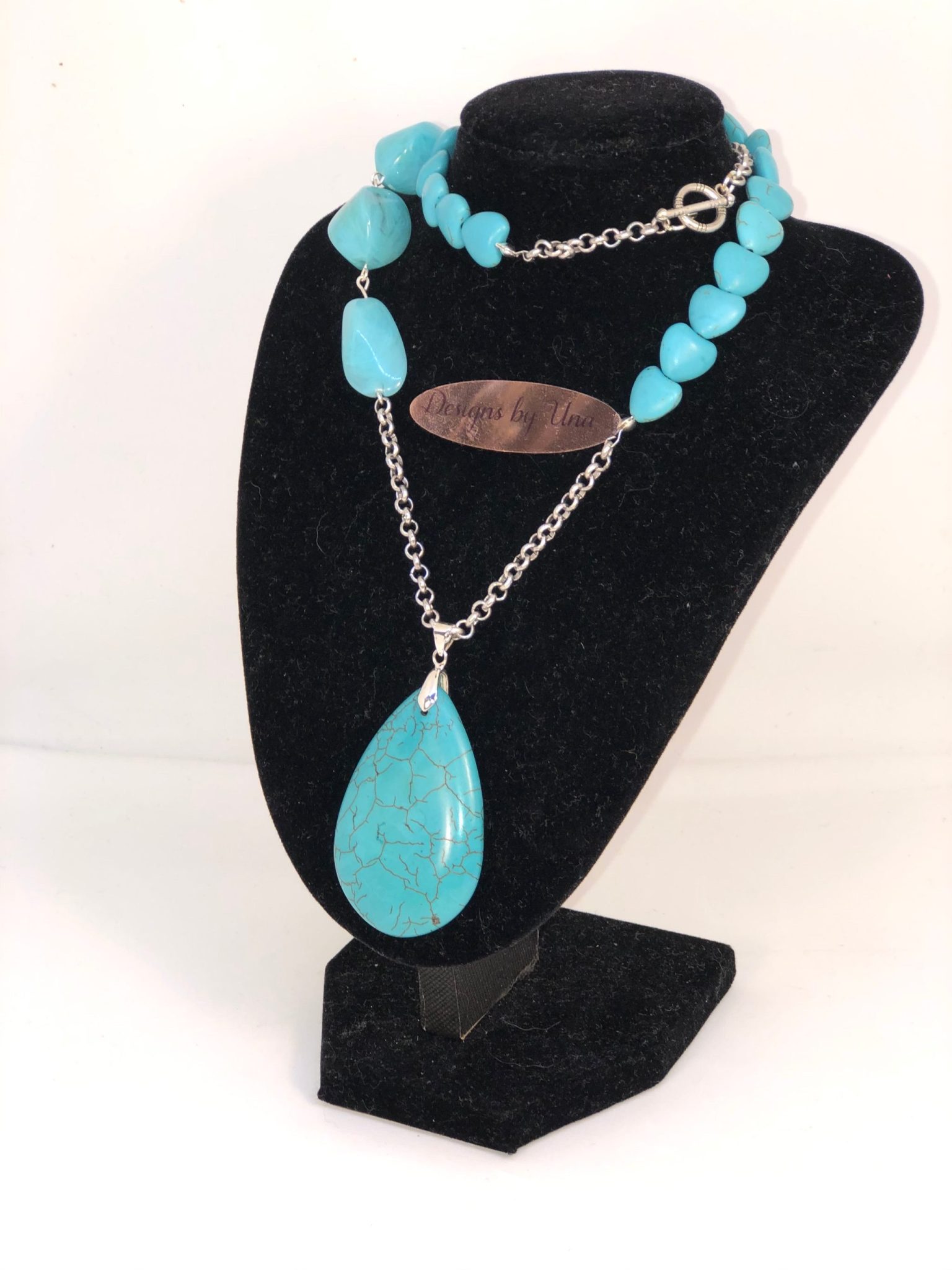 Turquoise and Silver Howlite Pendant Necklace Natural Stone - Image 2