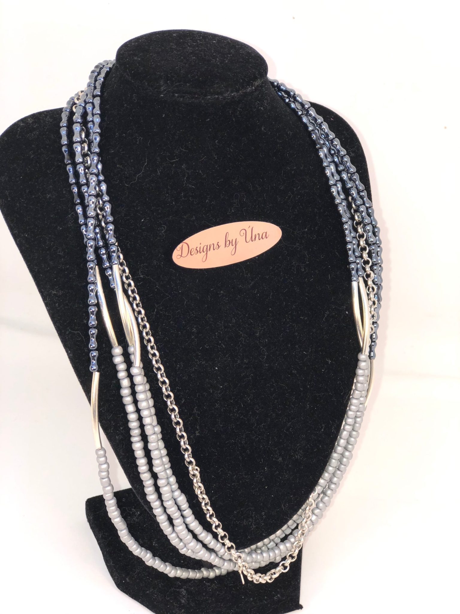 Elegant 4 strand Pewter coloured Hematite and Grey Necklace.