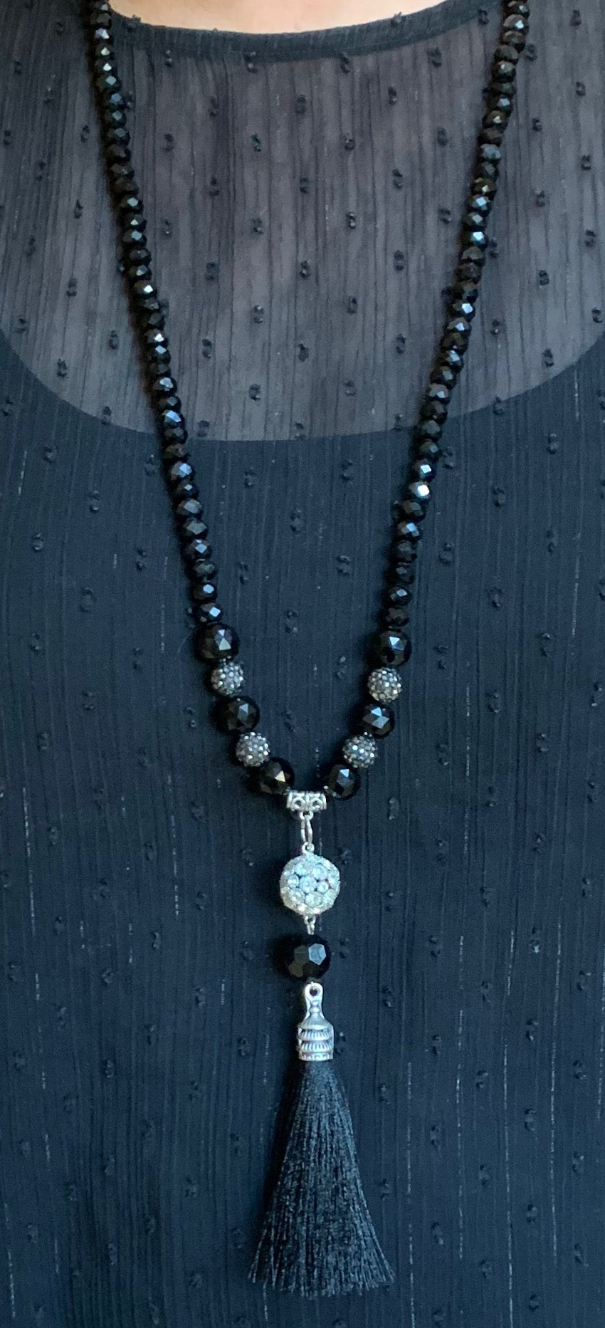 Black crystal tassel necklace with silver