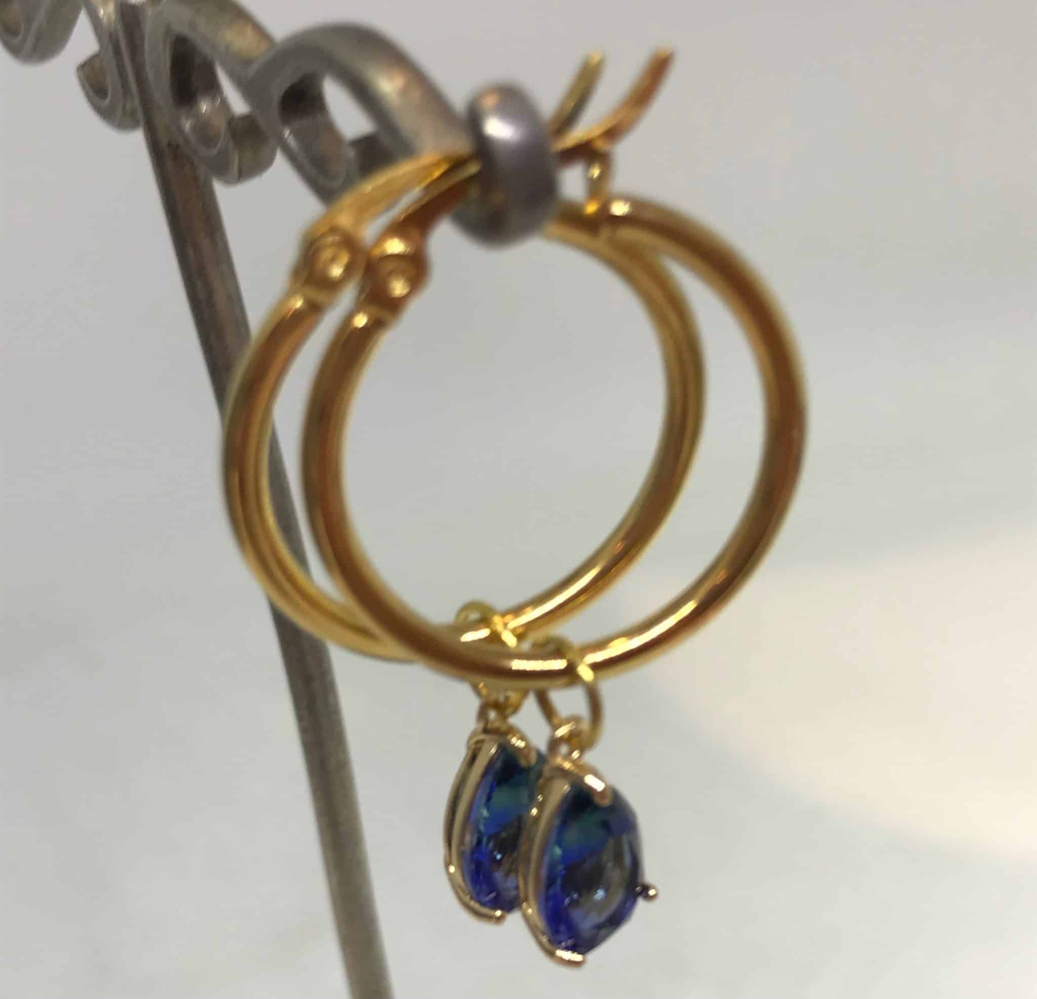 Gold & blue glass earrings.